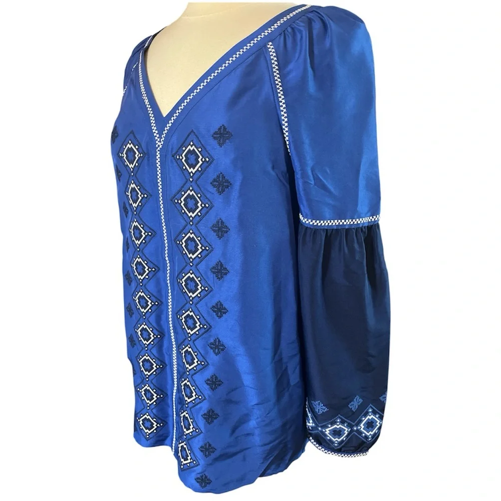 Tory Burch Royal Blue Silk Bohemian Embroidered Blouse Size 8